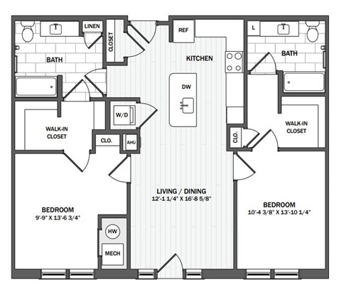 Floor plan for 2 beds, 2 baths, 1141 sqft